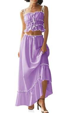 2 Piece Skirt Set Lavender Ruffle Cami Crop Top and Tiered Skirt